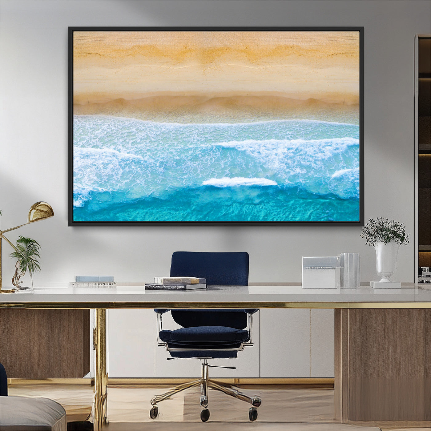 43046-MGV-FC-36X24_Black-Aerial Beach Wall Art – Serene Ocean Waves & Sandy Shore Canvas Print, Coastal Home Decor for Living Room, Bedroom or Office