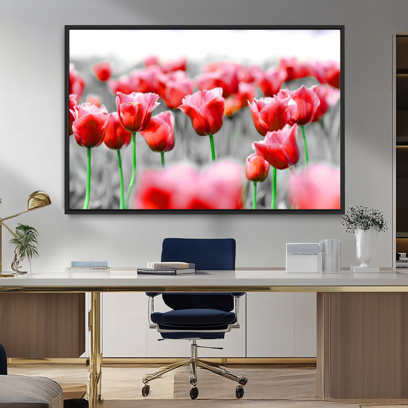 44554-MGV-CV-36X24-Vibrant red tulips stand out beautifully against a black-and-white background, making a striking decor piece perfect for any home