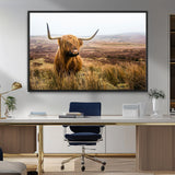 79391-MGV-FC-36X24_Black-Majestic Highland Cow in Misty Scottish Moorland – Rustic Natural Charm, Perfect for Unique Home or Office Decor
