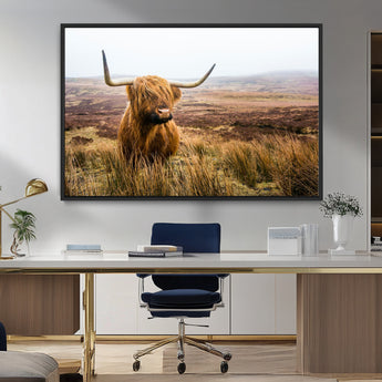 79391-MGV-FC-36X24_Black-Majestic Highland Cow in Misty Scottish Moorland – Rustic Natural Charm, Perfect for Unique Home or Office Decor