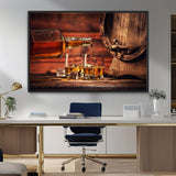 21266-MGV-FC-36X24_Black-Pouring Whiskey into Glasses with Ice – Rustic Wooden Barrel Background, Warm Ambient Lighting, Ideal Decor for Home or Office