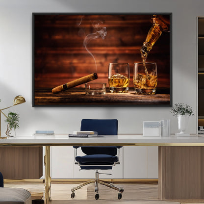 41139-MGV-CV-36X24-Whiskey and Cigar Still Life – Glasses with Ice and Pouring Amber Drink on Wooden Table with Smoke, Elegant Bar or Lounge Wall