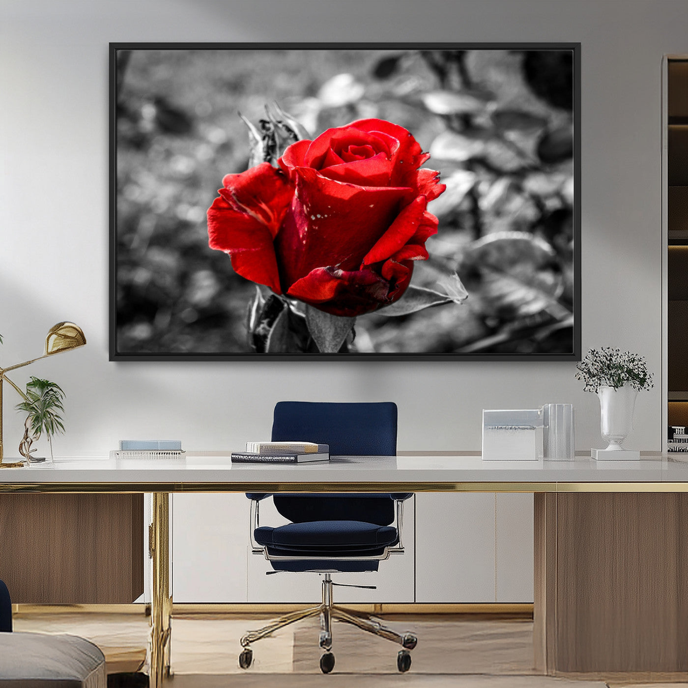 84671-MGV-CV-36X24-Red Rose Wall Art – Vibrant Single Bloom Canvas Print with Black and White Background, Elegant Floral Decor for Living Room,
