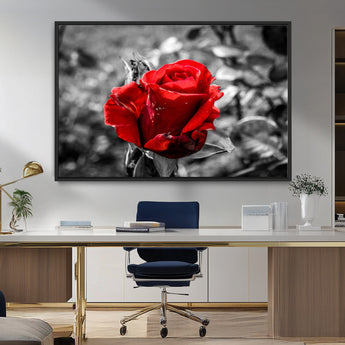 84671-MGV-CV-36X24-Red Rose Wall Art – Vibrant Single Bloom Canvas Print with Black and White Background, Elegant Floral Decor for Living Room,