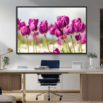 30632-MGV-FC-36X24_Black-Purple Tulip Field Wall Art – Beautiful Spring Flowers Canvas Print with Soft Focus and Bright Sky, Ideal Floral Decor for Home or