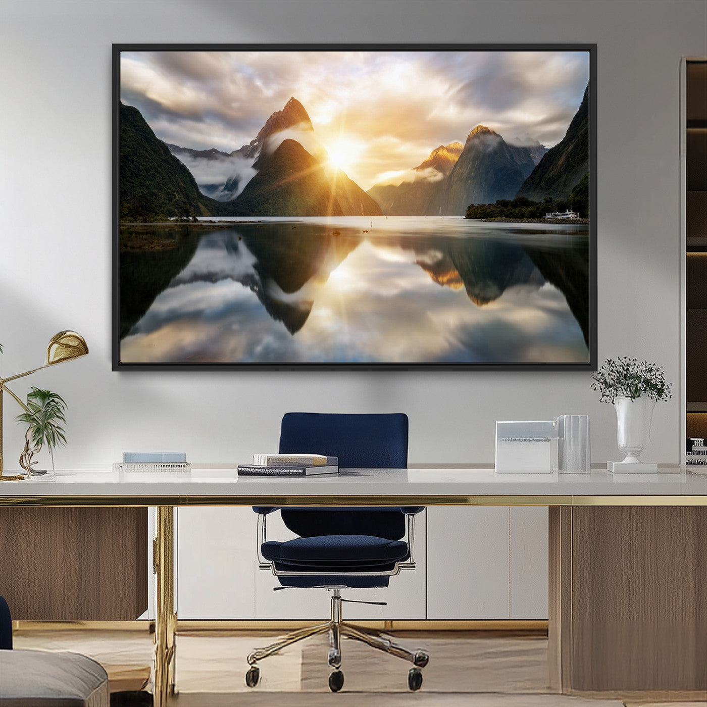 78842-MGV-FC-36X24_Black-Sunrise Mountain Reflection Wall Art – Stunning Nature Landscape Canvas Print for Home, Office, Living Room or Relaxing Space