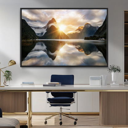 78842-MGV-FC-36X24_Black-Sunrise Mountain Reflection Wall Art – Stunning Nature Landscape Canvas Print for Home, Office, Living Room or Relaxing Space