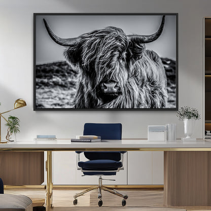 97372-MGV-FC-36X24_Black-Elegant Highland Cow Wall Art – Black and White Canvas Print, Rustic Nature Decor for Home, Office, Living Room or Man Cave