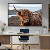 71222-MGV-FC-36X24_Black-A playful Highland cow with shaggy fur sticks out its tongue, set against a rugged landscape — perfect for quirky home or office