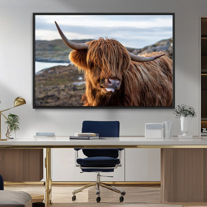 71222-MGV-FC-36X24_Black-A playful Highland cow with shaggy fur sticks out its tongue, set against a rugged landscape — perfect for quirky home or office