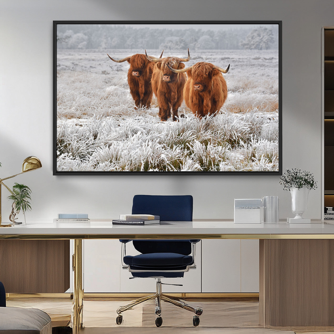 10396-MGV-CV-36X24-Highland Cattle Wall Art – Rustic Winter Landscape Canvas Print, Farmhouse Decor for Living Room, Office, Cabin or Country Home