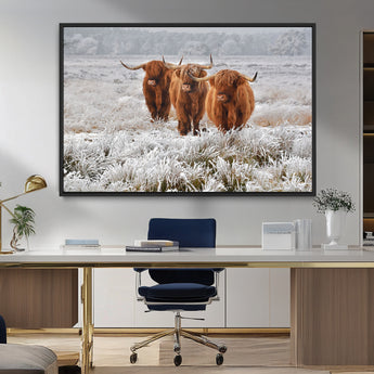 10396-MGV-CV-36X24-Highland Cattle Wall Art – Rustic Winter Landscape Canvas Print, Farmhouse Decor for Living Room, Office, Cabin or Country Home