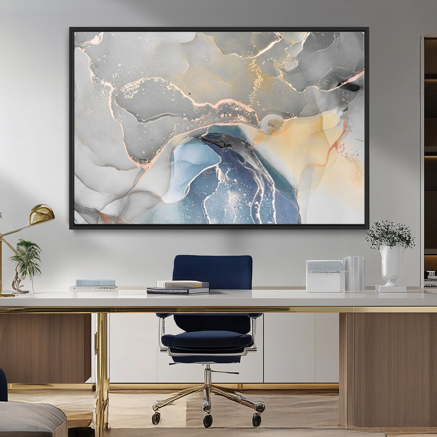 63211-MGV-FC-36X24_Black-Abstract Fluid Art Wall Decor – Blue, Gray & Gold Canvas Print, Modern Home and Office Wall Art Decor for Living Room, Bedroom or