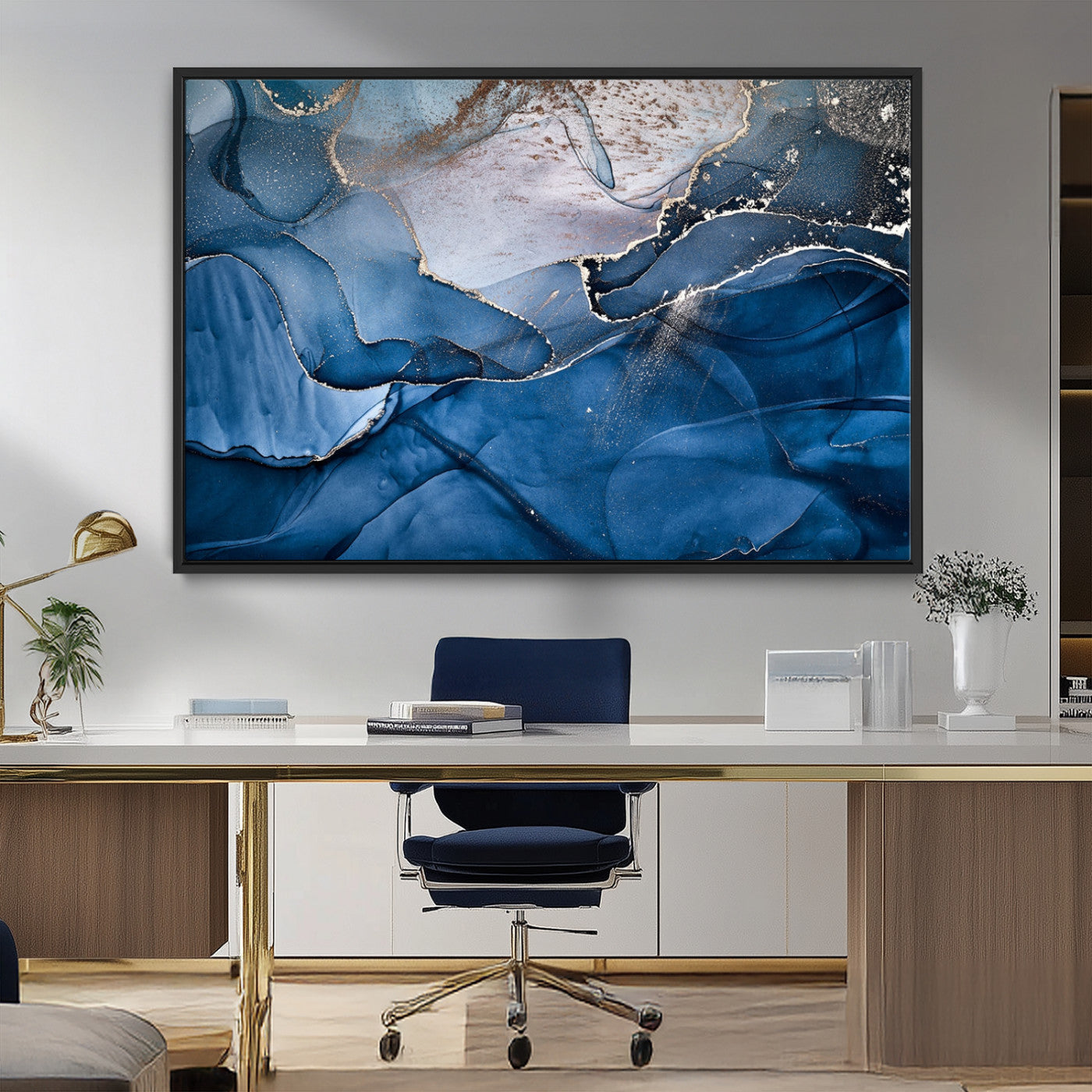 27810-MGV-CV-36X24-Abstract Blue Gold Fluid Art Wall – Modern Canvas Print, Elegant Home & Office Wall Art, Stylish Living Room or Bedroom Decor