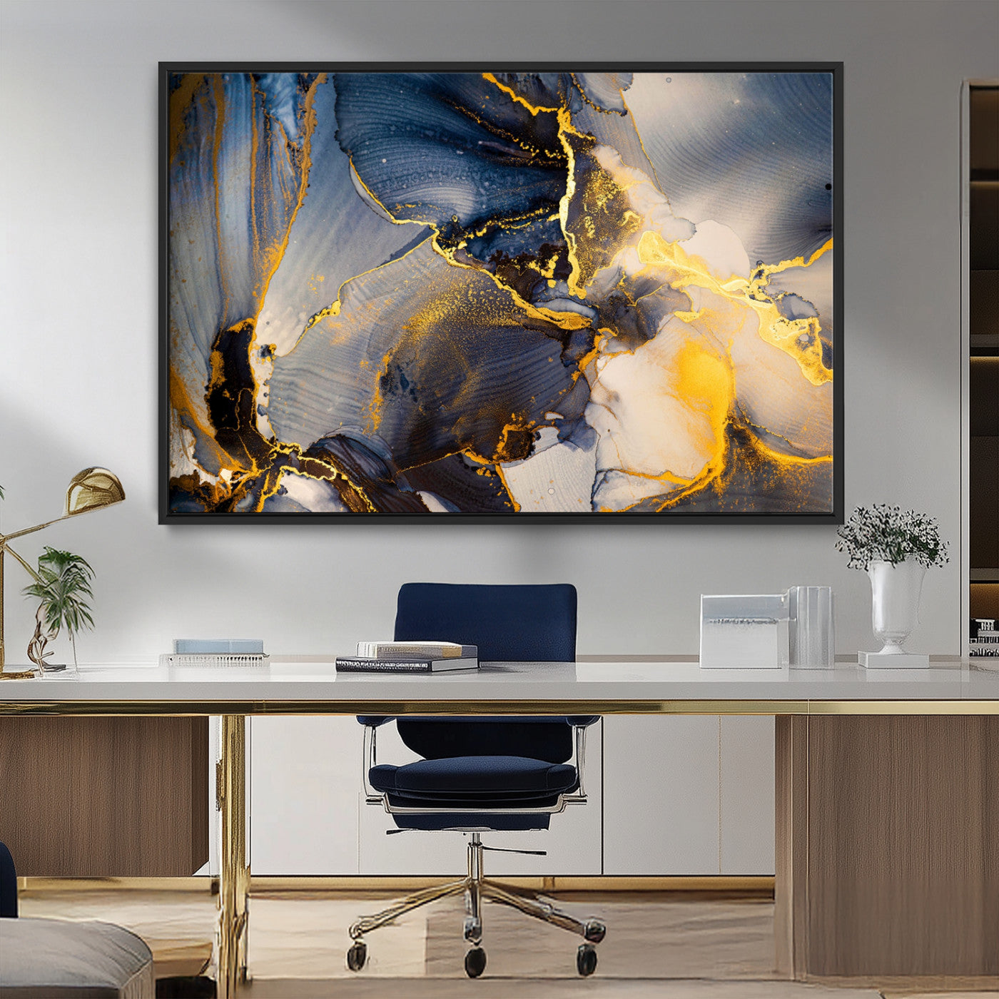 42100-MGV-FC-36X24_Black-Golden Flow Abstract Wall Art – Panoramic Modern Blue and Gold Canvas Print, Contemporary Artistic Decor for Home, Office