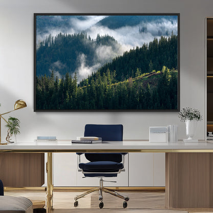 55972-MGV-FC-36X24_Black-Whispering Pines Wall Art – Panoramic Misty Forest Canvas Print, Serene Nature Decor for Home, Office or Cabin Retreat