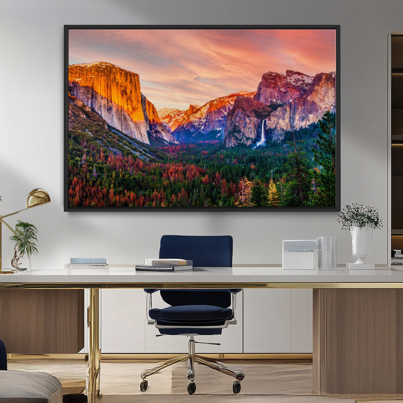 24519-MGV-FC-36X24_Black-Yosemite Valley Sunset Wall Art – Majestic Mountain Landscape with Waterfall and Vibrant Sky, Nature Photography for Home or