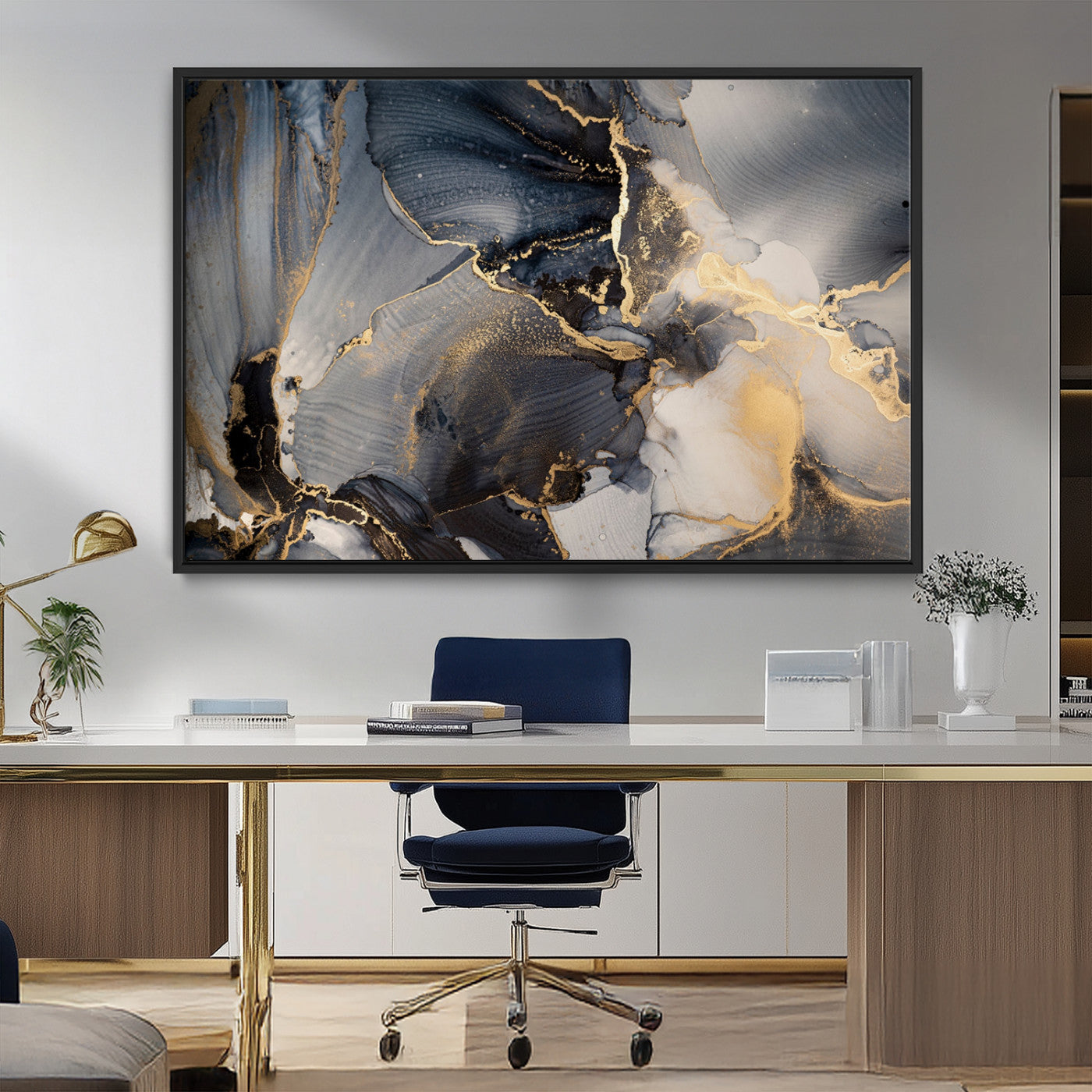 24068-MGV-FC-36X24_Black-Luxury Abstract Wall Art – Gold & Gray Fluid Ink Painting Canvas, Modern Metallic Home Decor, Elegant Office or Living Room Accent