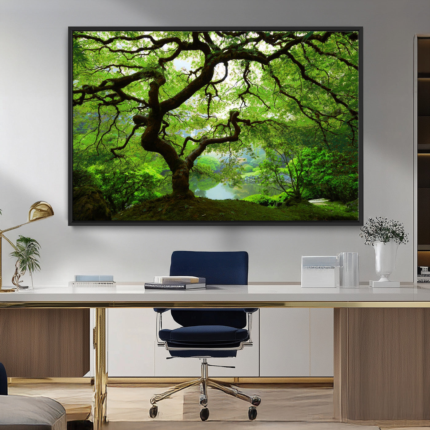 18094-MGV-FC-36X24_Black-Emerald Canopy Wall Art – Panoramic Lush Green Tree Canvas Print, Serene Nature Decor for Office, Living Room or Meditation Space