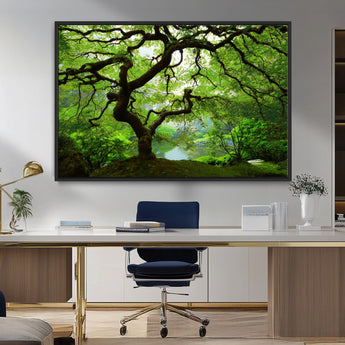 18094-MGV-FC-36X24_Black-Emerald Canopy Wall Art – Panoramic Lush Green Tree Canvas Print, Serene Nature Decor for Office, Living Room or Meditation Space