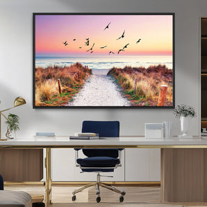 54411-MGV-FC-36X24_Black-Coastal Path Sunrise Wall Art – Serene Ocean Canvas Print, Beach Landscape Decor for Living Room, Bedroom or Office, Peaceful