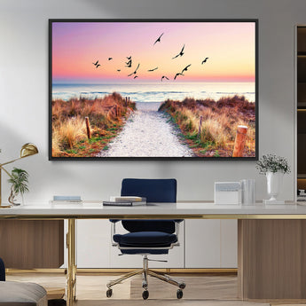 54411-MGV-CV-36X24-Beach Path with Birds Wall Art – Coastal Sunset Ocean Canvas Print, Seaside Nature Landscape Photography for Living Room, Bedroom