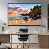 43209-MGV-CV-36X24-Tropical Beach Sunset Wall Art – Golden Ocean Waves and Palm Trees with Rocky Shore Canvas Print, Coastal Seascape Decor for