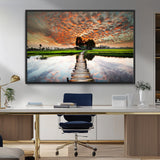 29105-MGV-FC-36X24_Black-Rustic Wooden Bridge Wall Art – Scenic Sunset Over Rice Fields and Reflective Water Canvas Print, Nature Landscape Decor for