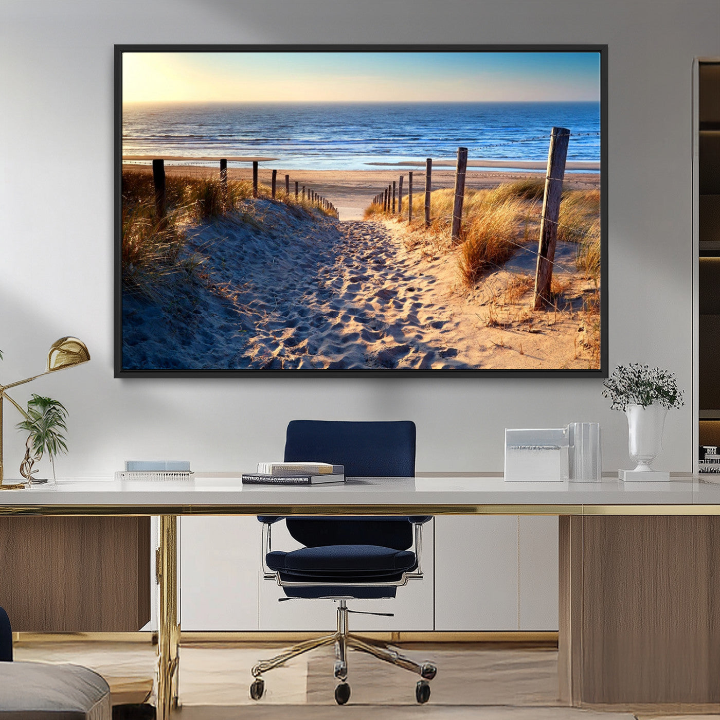 31889-MGV-CV-36X24-Sandy Beach Pathway Wall Art – Coastal Dune Fence and Ocean View Canvas Print, Relaxing Seaside Landscape Decor for Living Room or