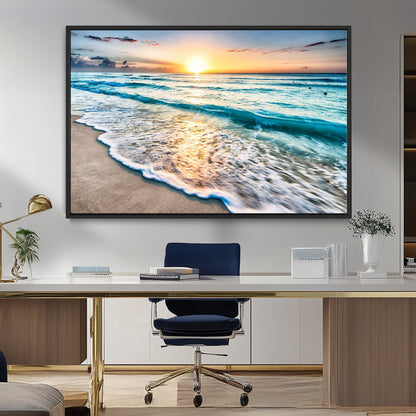 27815-MGV-CV-36X24-Ocean Sunrise Beach Wall Art – Serene Coastal Canvas Print with Waves and Golden Morning Light, Relaxing Seascape Decor for