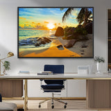 26181-MGV-CV-36X24-Golden Tropical Sunset Beach Wall Art – Ocean Canvas Print with Palm Trees and Rocks, Coastal Paradise Decor for Living Room or