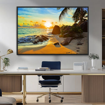 26181-MGV-CV-36X24-Golden Tropical Sunset Beach Wall Art – Ocean Canvas Print with Palm Trees and Rocks, Coastal Paradise Decor for Living Room or