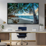 39679-MGV-CV-36X24-Tropical Palm Beach Wall Art – Serene Ocean Canvas Print with Palm Trees and Rocks, Coastal Paradise Decor for Living Room or
