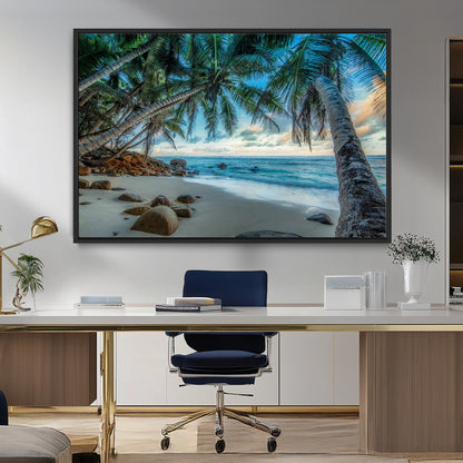 39679-MGV-CV-36X24-Tropical Palm Beach Wall Art – Serene Ocean Canvas Print with Palm Trees and Rocks, Coastal Paradise Decor for Living Room or
