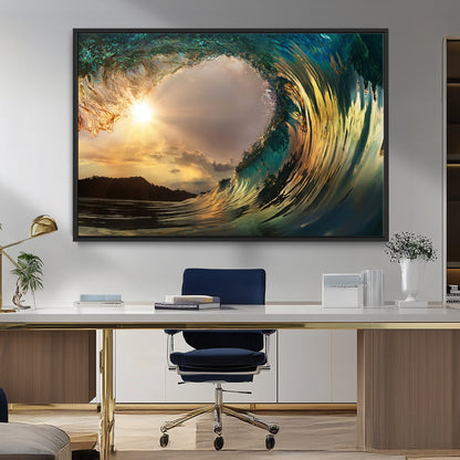 38256-MGV-CV-36X24-Ocean Wave Wall Art – Stunning Sunrise Through Curling Wave Canvas Print, Coastal Surf Photography Seascape Decor for Living Room,
