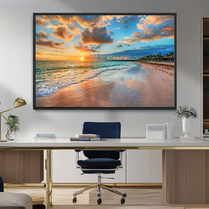 41572-MGV-CV-36X24-Sunset Beach Wall Art – Ocean Waves and Palm Trees Canvas Print, Tropical Coastal Sunset Seascape Decor for Living Room, Bedroom