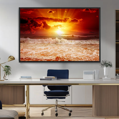 60211-MGV-FC-36X24_Black-Fiery Sunset Ocean Waves Canvas Print – Vibrant Red & Orange Coastal Wall Art, Dramatic Seascape Decor