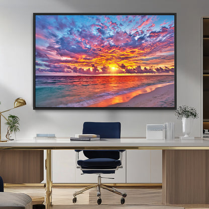 72836-MGV-CV-36X24-Fiery Sunset Beach Wall Art – Panoramic Vibrant Ocean Canvas Print, Dramatic Coastal Decor for Living Room, Bedroom or Office