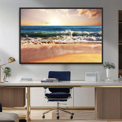 79005-MGV-CV-36X24-Golden Sunrise Ocean Waves Wall Art – Panoramic Seashore Canvas Print, Calming Coastal Decor for Home, Office or Relaxation Space