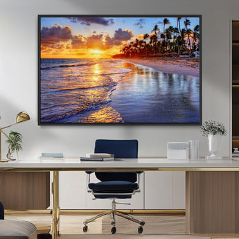 19917-MGV-CV-36X24-Tropical Sunset Beach Wall Art – Panoramic Palm Trees and Ocean Canvas Print, Vibrant Coastal Decor for Living Room, Office or Man