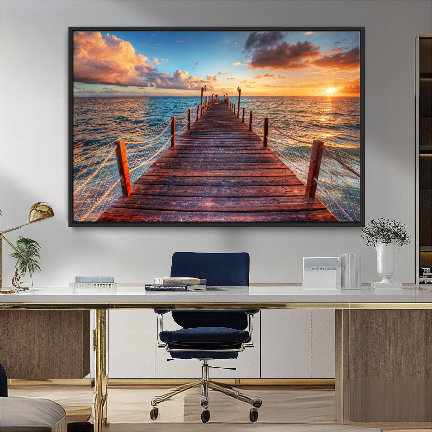 28836-MGV-CV-36X24-Ocean Pier Sunset Wall Art – Wooden Dock and Golden Horizon Canvas Print, Coastal Seascape Photography for Living Room, Bedroom,