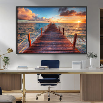 28836-MGV-CV-36X24-Ocean Pier Sunset Wall Art – Wooden Dock and Golden Horizon Canvas Print, Coastal Seascape Photography for Living Room, Bedroom,
