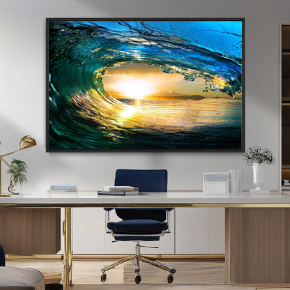 19378-MGV-CV-36X24-Ocean Wave Sunset Wall Art – Vibrant Surf and Golden Horizon Canvas Print, Coastal Seascape Photography for Living Room, Bedroom,