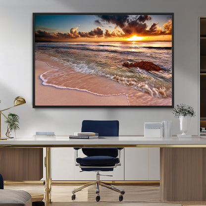 80979-MGV-CV-36X24-Golden Sunrise Beach Wall Art – Ocean Waves and Sandy Shore Canvas Print, Coastal Sunset Photography Artwork for Living Room,