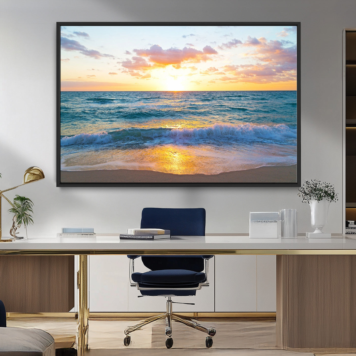 78006-MGV-CV-36X24-Golden Sunrise Ocean Wall Art – Panoramic Beach Waves Canvas Print, Coastal Seascape Artwork for Living Room, Bedroom, Office, or