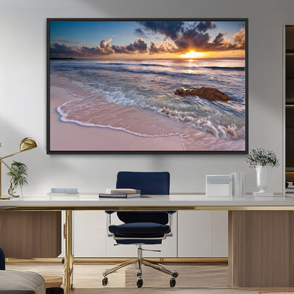 94906-MGV-CV-36X24-Sunrise Beach Wall Art – Panoramic Ocean Waves Canvas Print, Coastal Sunset Seascape Artwork for Living Room, Bedroom, or Office