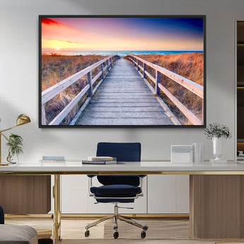 60625-MGV-CV-36X24-Beach Boardwalk Sunrise Wall Art – Coastal Pathway to Ocean Canvas Print, Seaside Landscape Decor for Home or Office