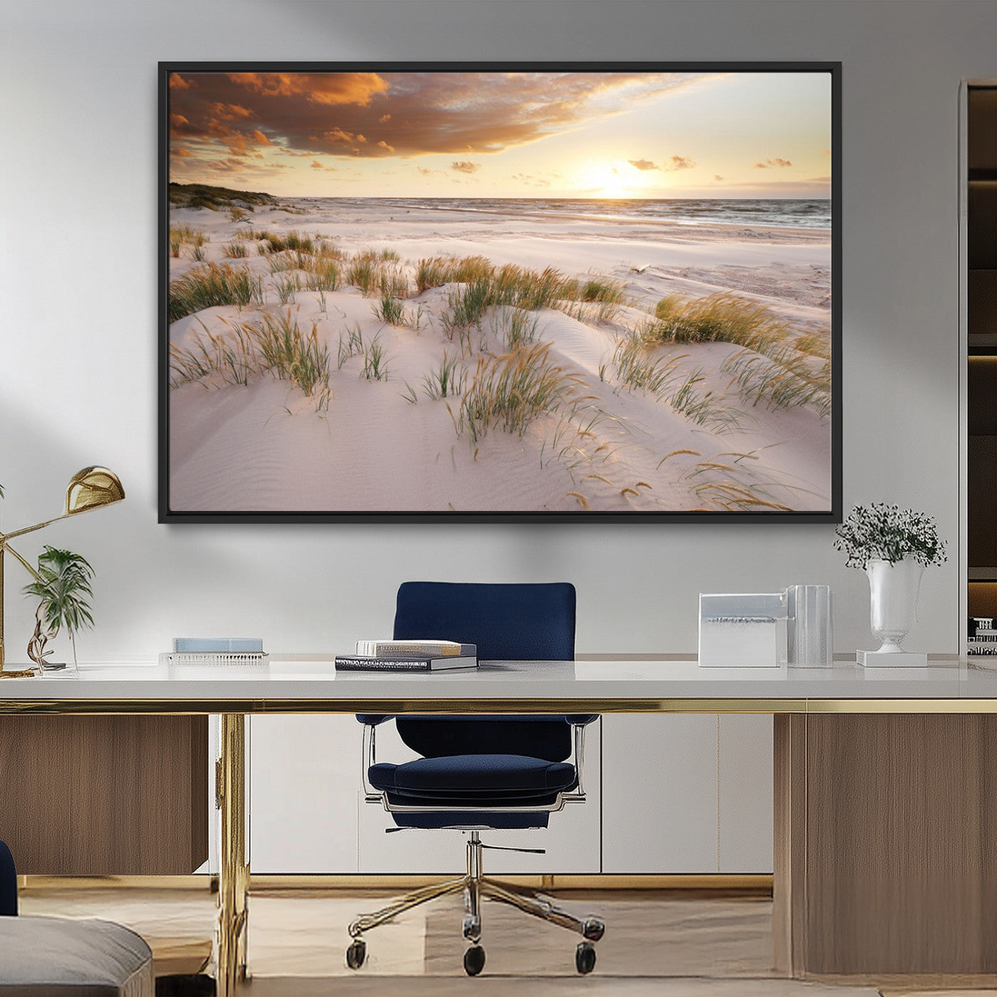 61246-MGV-CV-36X24-Coastal Sand Dunes Wall Art – Serene Beach Sunset Canvas Print with Grasses and Ocean View, Tranquil Seaside Decor for Living Room