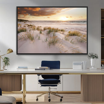 61246-MGV-CV-36X24-Coastal Sand Dunes Wall Art – Serene Beach Sunset Canvas Print with Grasses and Ocean View, Tranquil Seaside Decor for Living Room