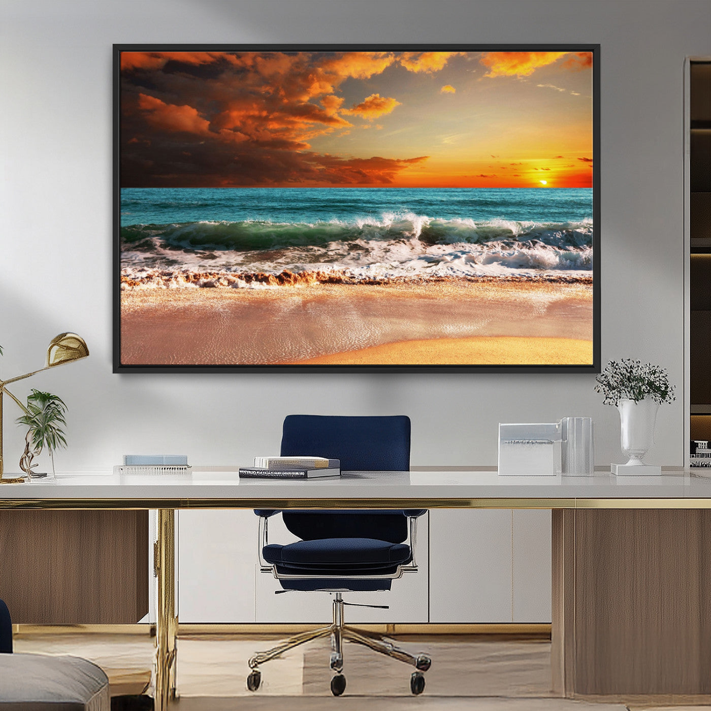 72948-MGV-CV-36X24-Ocean Sunset Wave Wall Art – Dramatic Seascape Canvas Print with Golden Sky and Crashing Waves, Coastal Beach Decor for Living